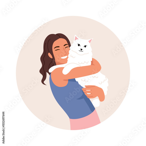 Vector illustration of a beautiful girl hugging a kitten. Cartoon scene of a joyful girl with wavy hair holding a white cat in her arms isolated on a white background. Caring attitude towards a pet.