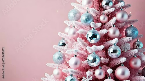 Pink Christmas tree decorated with metallic silver baubles, creating a pastel winter wonderland aesthetic