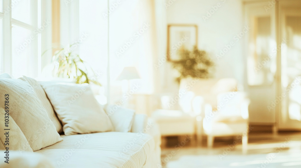 Fototapeta premium Cozy living room with a dreamy atmosphere and bright morning light in soft beige tones