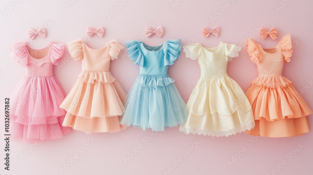 Collection of colorful children's dresses displayed on pastel pink background Collection of colorful children's dresses displayed on pastel pink background