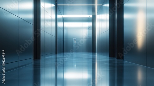 A sleek, modern hallway with reflective surfaces and an elevator at the end.