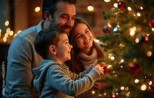 father son decorate christmas tree together