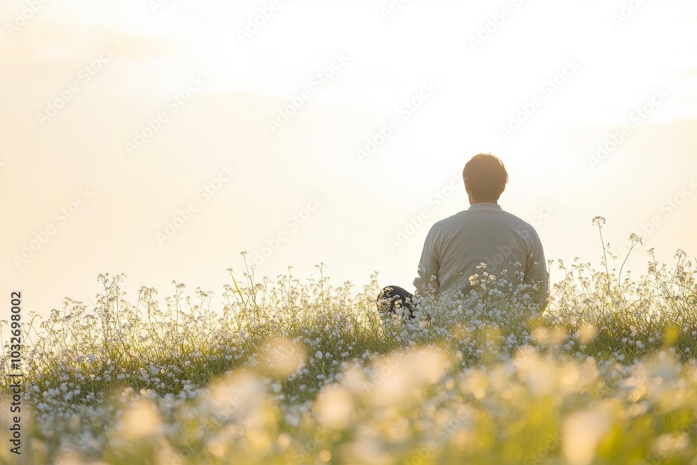 Person meditating in a peaceful field of flowers during sunrise symbolizing inner peace mindfulness and the serene connection with nature’s beauty Person meditating in a peaceful field of flowers during sunrise symbolizing inner peace mindfulness and the serene connection with nature’s beauty