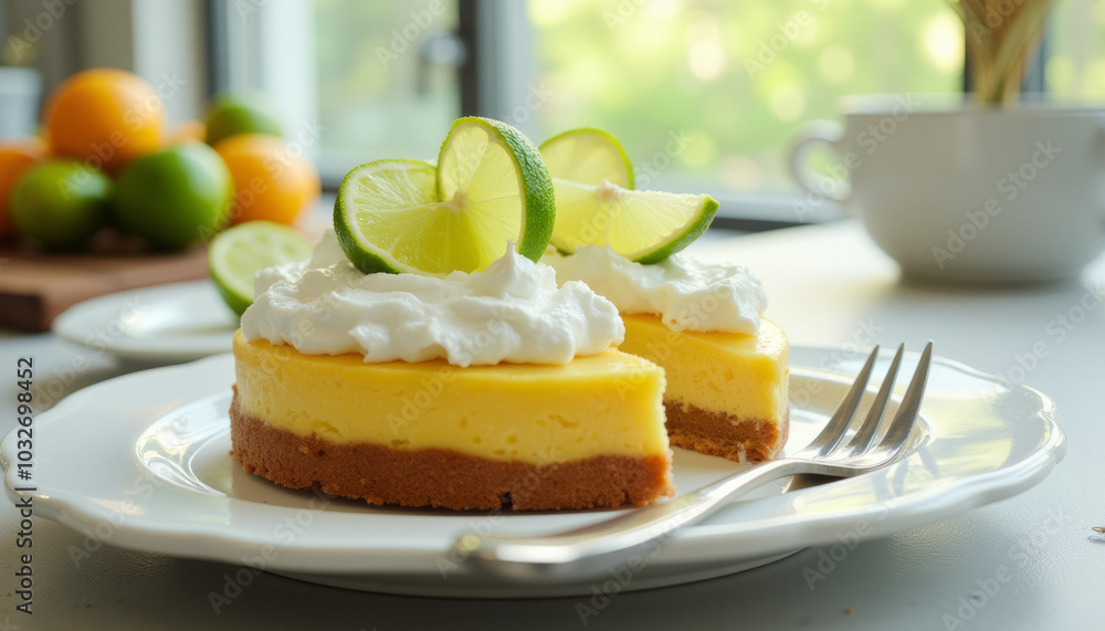 Key Lime Pie with Whipped Cream and Lime Slices, Summer Citrus Dessert Key Lime Pie with Whipped Cream and Lime Slices, Summer Citrus Dessert