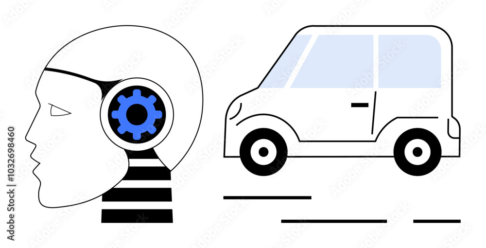 Side profile head with a blue cog inside and an adjacent car. Ideal for AI, technology, autonomous vehicles, innovation, transportation, futuristic concepts, vector art style, and modern design Side profile head with a blue cog inside and an adjacent car. Ideal for AI, technology, autonomous vehicles, innovation, transportation, futuristic concepts, vector art style, and modern design