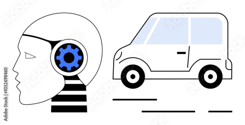 Side profile head with a blue cog inside and an adjacent car. Ideal for AI, technology, autonomous vehicles, innovation, transportation, futuristic concepts, vector art style, and modern design