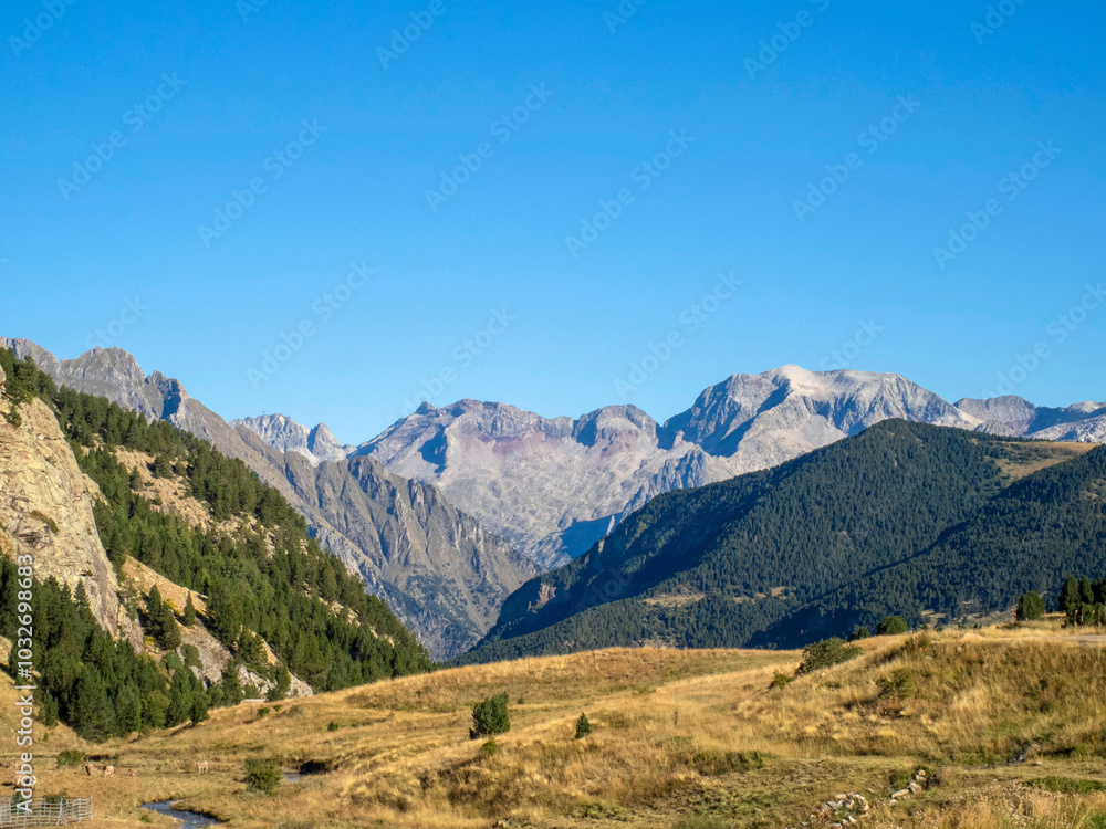 View of the impressive Pyrenees of Huesca from the ski resort of Cerler. Huesca, Aragon, Spain. desde la estación de esquí de Cerler en Verano View of the impressive Pyrenees of Huesca from the ski resort of Cerler. Huesca, Aragon, Spain. desde la estación de esquí de Cerler en Verano