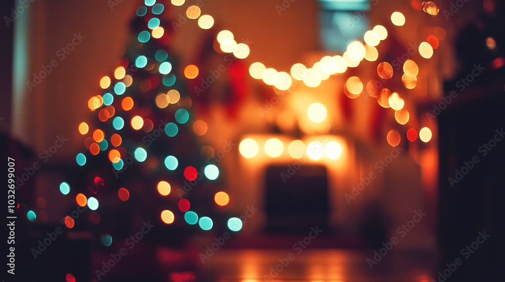 Fototapeta premium A warm, decorated home glowing softly for Christmas with lights and a fuzzy silhouette of a tree