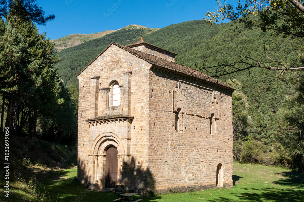 Romanesque church of Santa Maria de Iguacel from the 11th century in Larrosa. Huesca, Aragon, Spain. Romanesque church of Santa Maria de Iguacel from the 11th century in Larrosa. Huesca, Aragon, Spain.