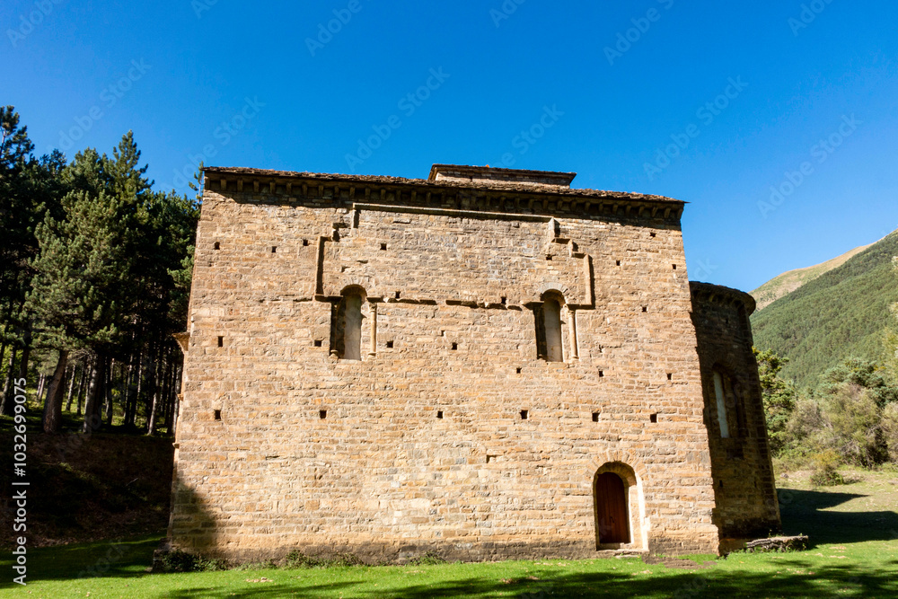 Romanesque church of Santa Maria de Iguacel from the 11th century in Larrosa. Huesca, Aragon, Spain. Romanesque church of Santa Maria de Iguacel from the 11th century in Larrosa. Huesca, Aragon, Spain.