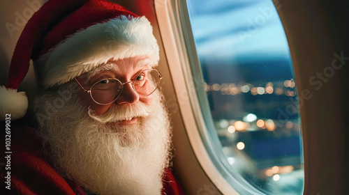 Santa enjoying flight in airplane seat with city lights view photo