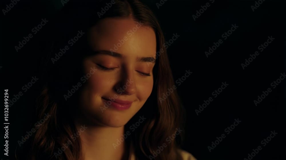 A girl with her eyes closed, smiling and appearing to be in a peaceful state against black background. A girl with her eyes closed, smiling and appearing to be in a peaceful state against black background.