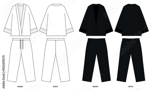 Set vector drawing of shirt and pants, front and back view.  Sketch of pajama suit for home and leisure from pants and cape. Set of kimono costume templates in white and black colors.