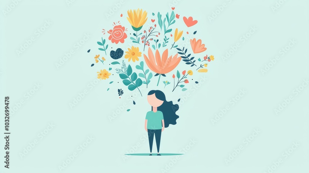 Obraz premium A whimsical illustration of a girl surrounded by colorful flowers, symbolizing growth, joy, and nature's beauty.