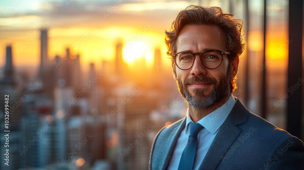 Fototapeta premium Successful businessman smiling with city skyline at sunset