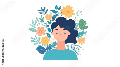 A serene illustration of a woman surrounded by colorful flowers and leaves, representing peace and tranquility in nature.