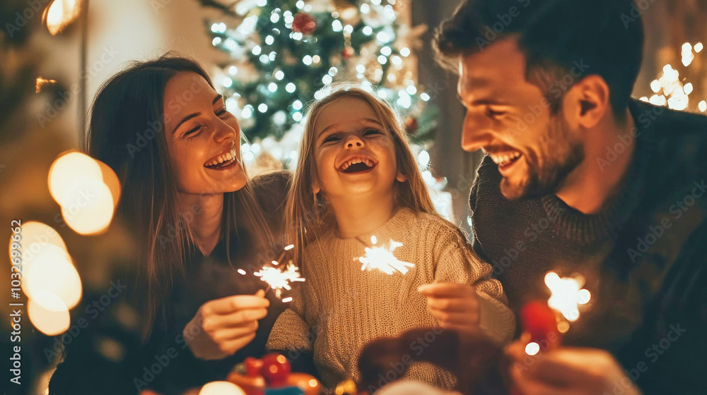Joyful family celebrating together around a beautifully decorated Christmas tree with sparklers and laughter Joyful family celebrating together around a beautifully decorated Christmas tree with sparklers and laughter