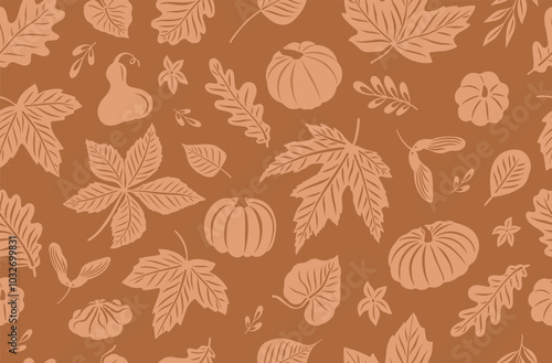 Seamless pattern with pumpkin, flowers, oak and maple leaves on white background. Perfect for wallpaper, gift paper, autumn greeting cards.