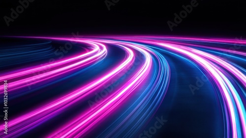 A vibrant, abstract image of flowing light trails in pink and blue against a dark background.