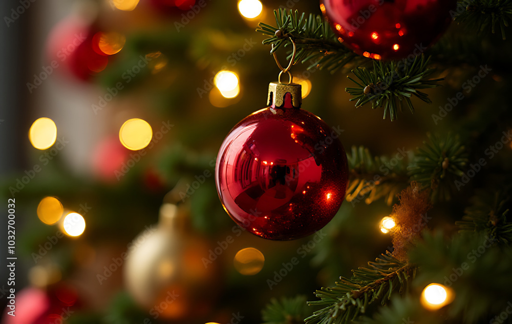 red gold balls adorn festive glowing christmas tree holiday red gold balls adorn festive glowing christmas tree holiday
