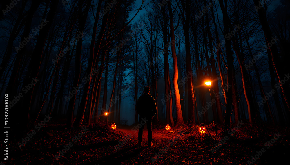 man in forest at night halloween scene isolated with white highlights, png man in forest at night halloween scene isolated with white highlights, png