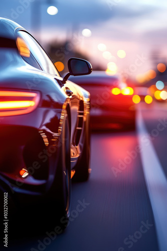 voiture roulant sur une route encombrée, le soir avec lumière de la ville photo