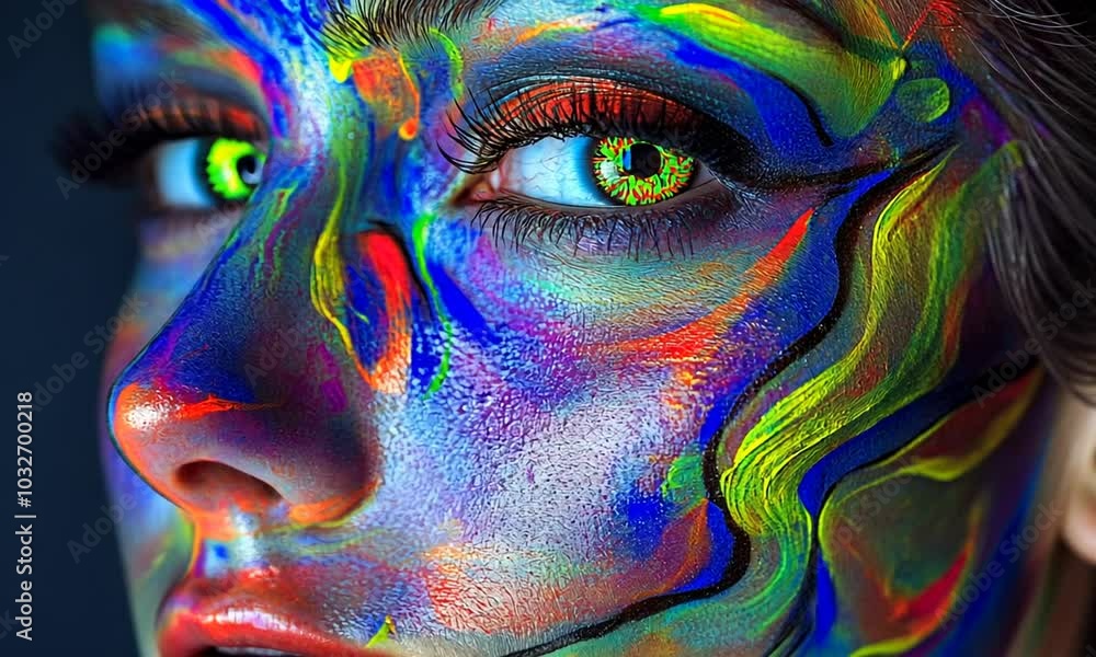 A Close-up of a Woman's Face Covered in Vibrant, Abstract Paint A Close-up of a Woman's Face Covered in Vibrant, Abstract Paint