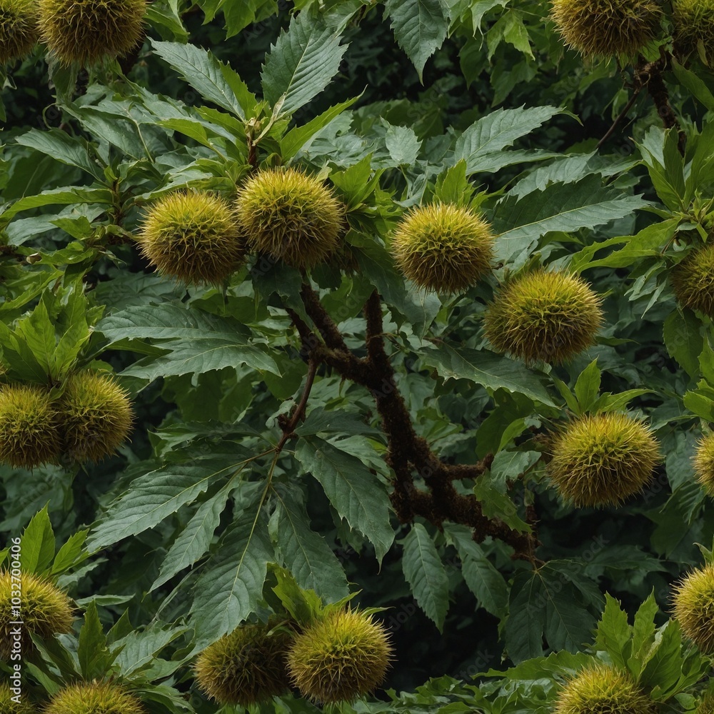 Cluster of large green spiky chestnut burrs on tree with large green leaves in background Cluster of large green spiky chestnut burrs on tree with large green leaves in background