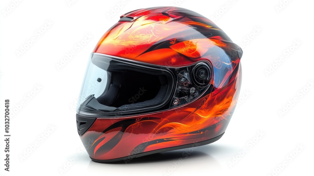 A vibrant motorcycle helmet featuring a fiery design, ideal for safety and style. A vibrant motorcycle helmet featuring a fiery design, ideal for safety and style.