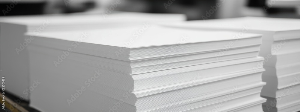 Uniformly stacked paper sheets, ready for printing, showcasing pristine alignment and organization, ideal for office or printing environments Uniformly stacked paper sheets, ready for printing, showcasing pristine alignment and organization, ideal for office or printing environments