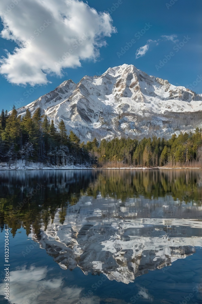 Stunning snow-capped mountain reflected in a beautiful lake, framed by a lush pine forest. The warm tones of the sunset and soft clouds add a tranquil touch to this serene landscape. Stunning snow-capped mountain reflected in a beautiful lake, framed by a lush pine forest. The warm tones of the sunset and soft clouds add a tranquil touch to this serene landscape.