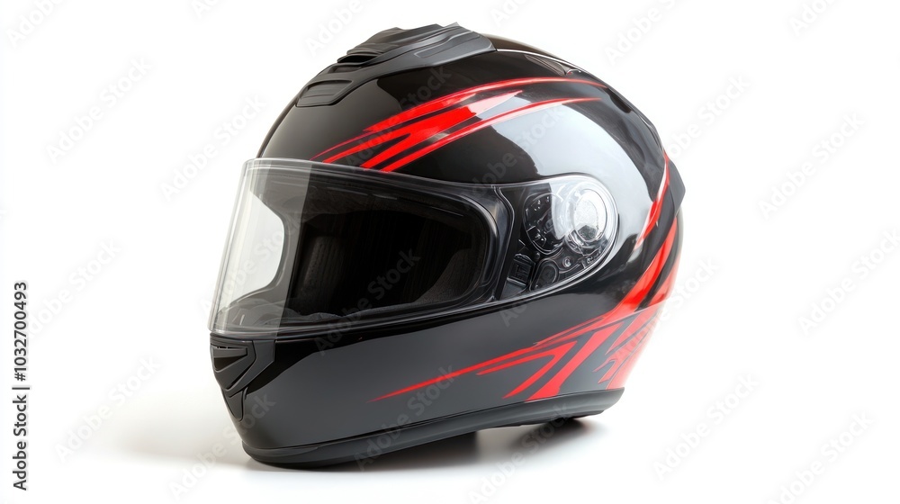 A sleek black motorcycle helmet with red accents, designed for safety and style. A sleek black motorcycle helmet with red accents, designed for safety and style.