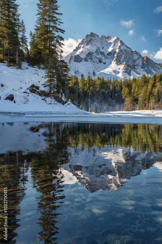 Snow-covered mountain reflected in a crystal-clear lake, surrounded by a pine forest. Warm afternoon light and scattered clouds create a serene, mirror-like landscape.