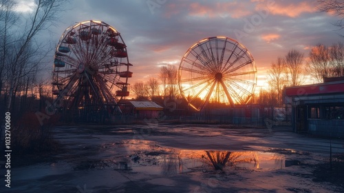 Abandoned amusement park at sunset, featuring two ferris wheels and reflective puddles. photo