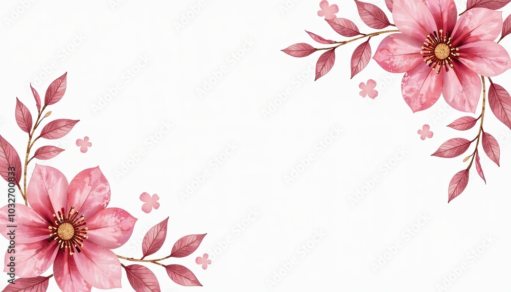 Obraz premium Frosted pink and gold floral design on white background Elegant watercolor flower backdrop perfect for refined greeting cards wedding invitations posters or banners with text space.