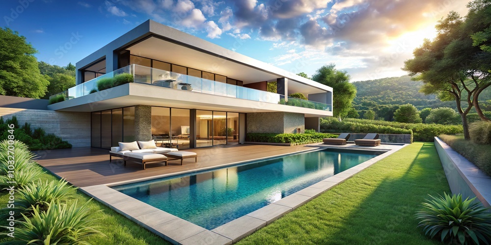 Fototapeta premium Modern Villa Surrounded by Nature with Infinity Pool