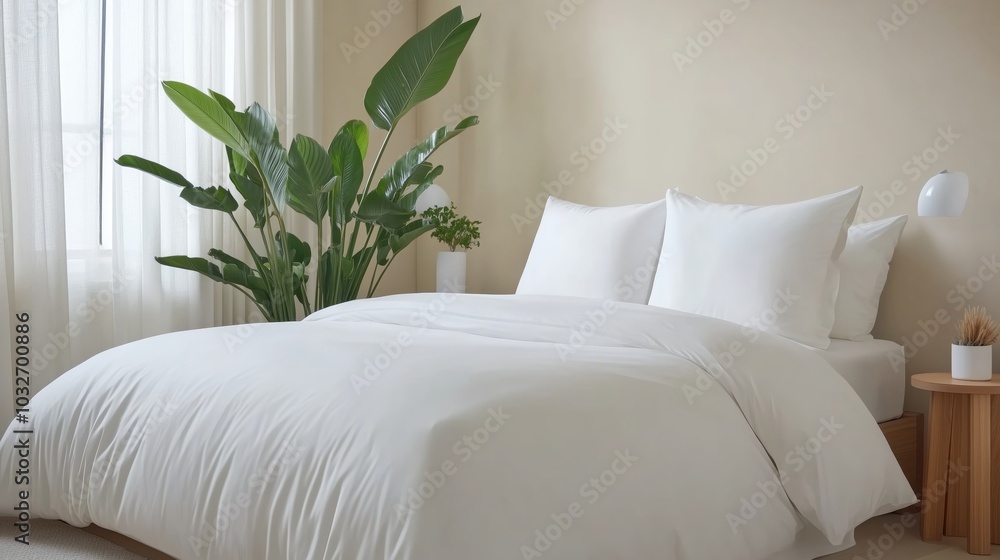 A neutral-toned bedroom with soft white and beige bedding, wooden side tables, and plants by the window, giving the room a warm, natural touch. A neutral-toned bedroom with soft white and beige bedding, wooden side tables, and plants by the window, giving the room a warm, natural touch.