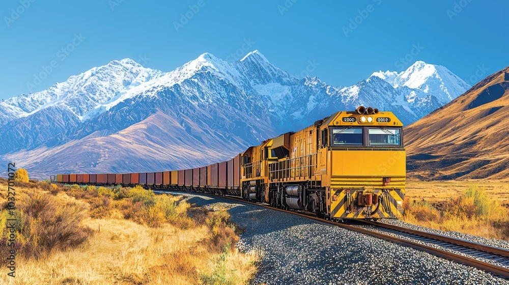 A freight train traveling through a scenic mountainous landscape under a clear blue sky. A freight train traveling through a scenic mountainous landscape under a clear blue sky.