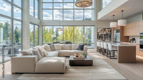  Elegant living room with a large beige sectional and natural light