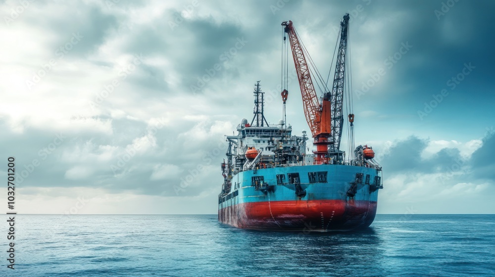 A large industrial ship with cranes navigating calm waters under a cloudy sky. A large industrial ship with cranes navigating calm waters under a cloudy sky.