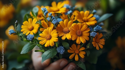 Florist holding a bouquet of yellow and blue flowers