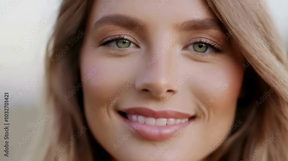 Closeup portrait of female lovely face with green eyes and clean skin smiling joyfully while wind blowing her light brown hair in slow motion. Movie style Closeup portrait of female lovely face with green eyes and clean skin smiling joyfully while wind blowing her light brown hair in slow motion. Movie style