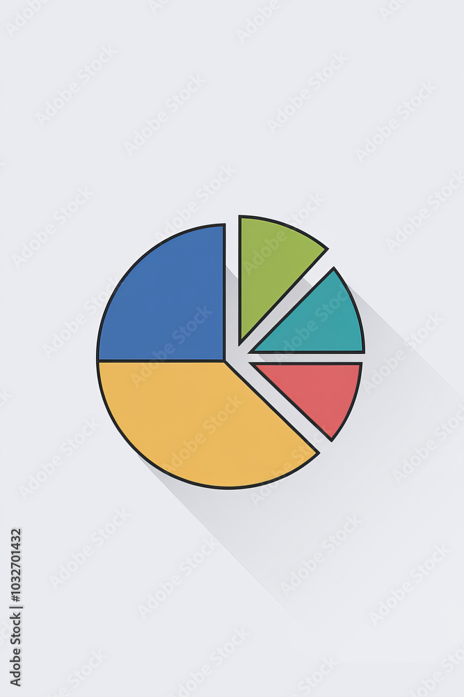 Flat Design Pie Chart with Colorful Sections on a Light Background, Ideal for Data Visualization Flat Design Pie Chart with Colorful Sections on a Light Background, Ideal for Data Visualization