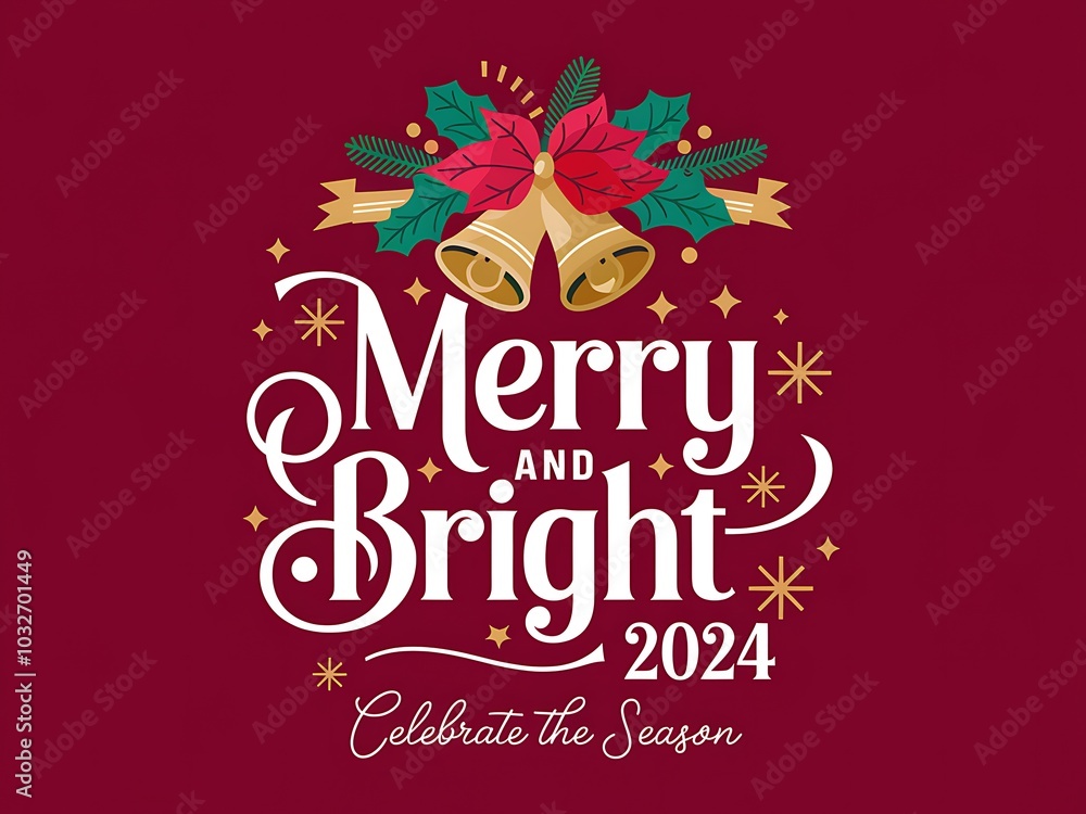 Obraz premium Festive Christmas Greeting with Bells, Holly, and Poinsettia