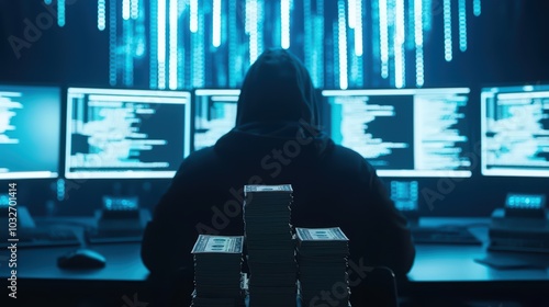 A hooded figure working on multiple screens, surrounded by stacks of cash, portraying themes of cybercrime and finance.