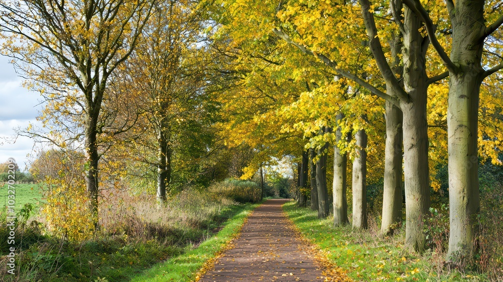 Naklejka premium A scenic path lined with vibrant autumn trees and yellow leaves, creating a tranquil outdoor atmosphere.