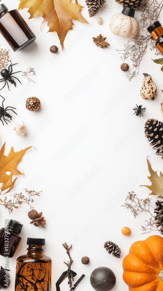 Fototapeta premium Minimal Halloween Flat Lay with Natural Elements on White Background