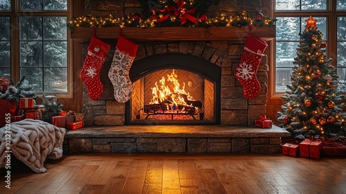 Fireplace burning brightly in cozy christmas living room