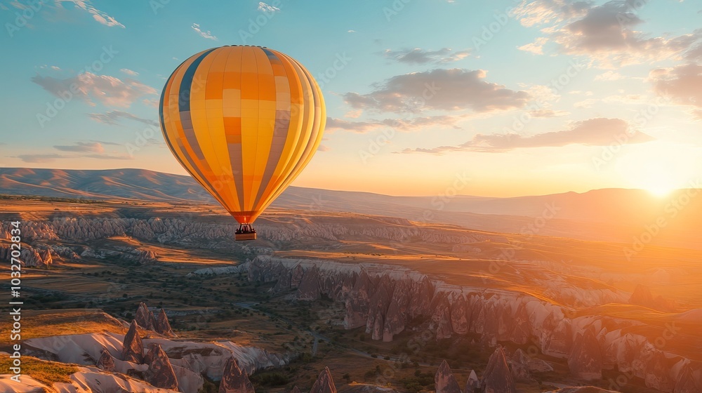 Obraz premium Gorgeous sunrise view of the rocky Cappadocia countryside, complete with vibrant hot air balloon rides over the deep valleys and gorges. Travel with a concept banner in Turkey. 