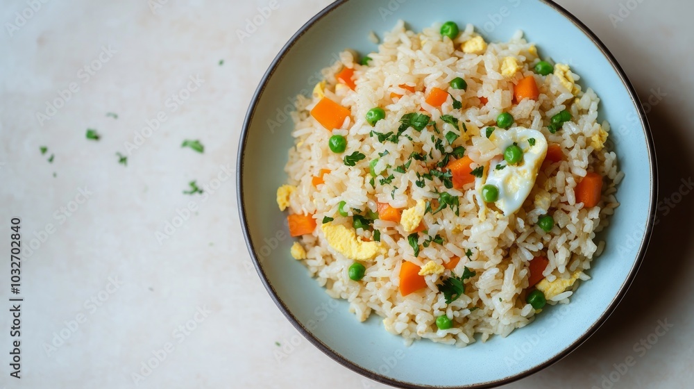 Top view of a bowl with fried rice with egg and vegetables, onion, bell pepper, carrot, green peas. Vegetarian food served in a light blue plate on a beige table. Top view of a bowl with fried rice with egg and vegetables, onion, bell pepper, carrot, green peas. Vegetarian food served in a light blue plate on a beige table.